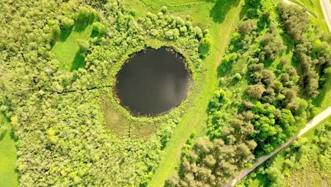 aerial flight from top bottom over an small lake with perfectly round shape.