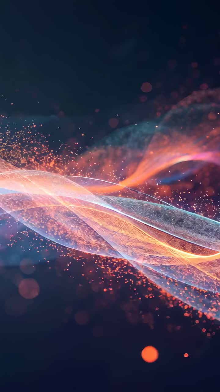 Vertical video: Entering ribbons flowing across navy backdrop, with sparks and drifting orange orb