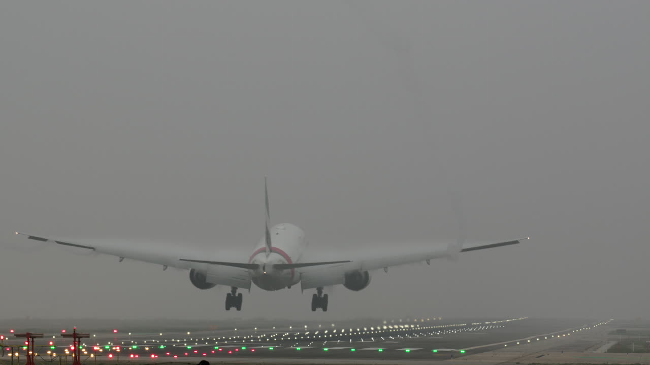 두꺼운 안개 속 에 착륙 하는 비행기