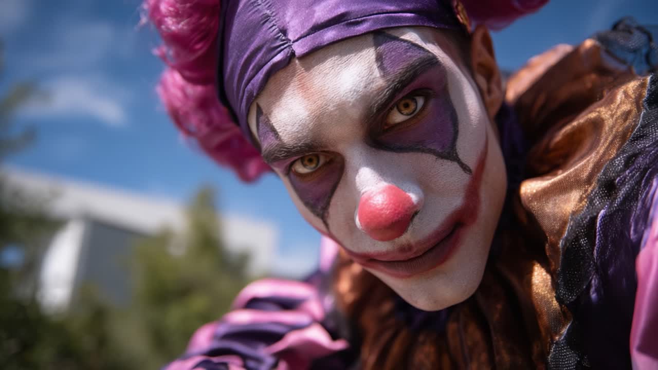 A Captivating Clown's Expression: A Visual Journey Capturing the Essence of Joy and Mystery in a Vibrant Costume Under the Clear Blue Sky