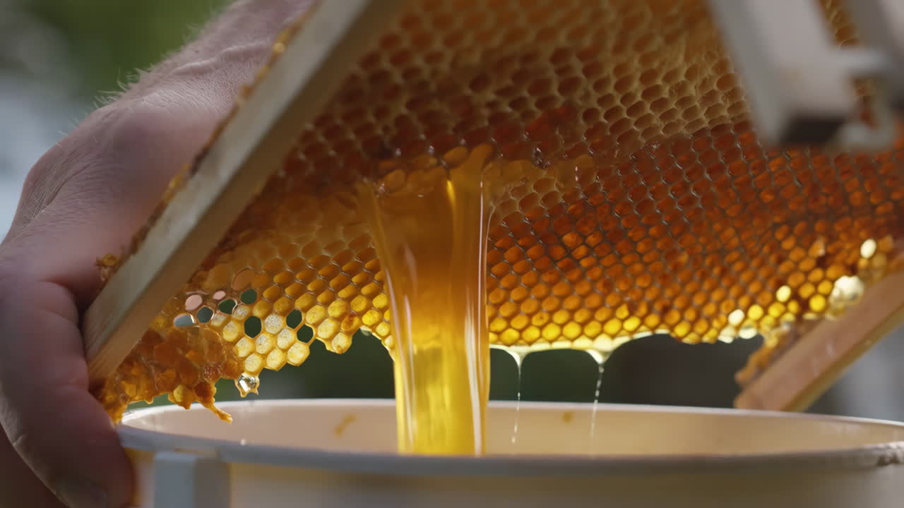 Fresh Honey Dripping from a Honeycomb Frame