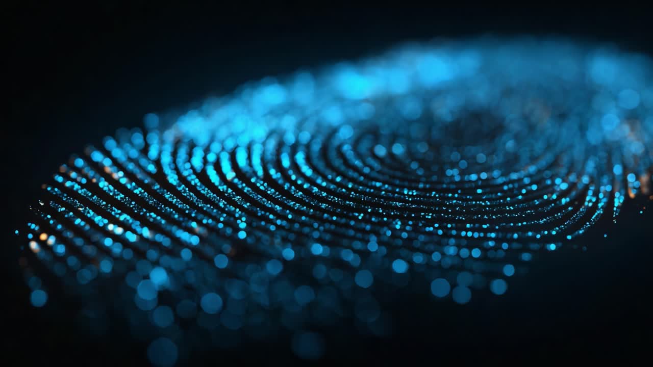 Exploring the Intricate Details of a Digital Fingerprint: A Stunning Visualization of Uniqueness Captured in Glimmering Blue Particles Against a Dark Background
