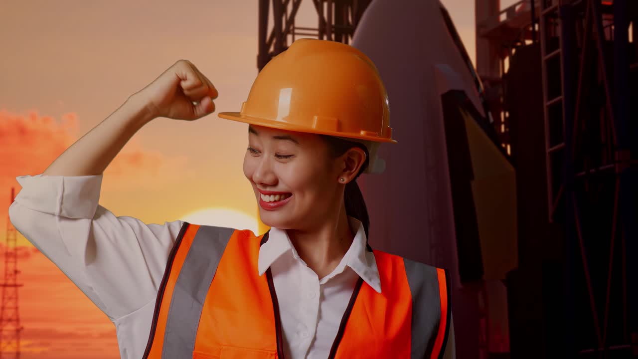 primer plano de una ingeniera asiática con casco de seguridad flexionando su bíceps y sonriendo a la cámara mientras está de pie con el transbordador espacial, hora de la puesta del sol
