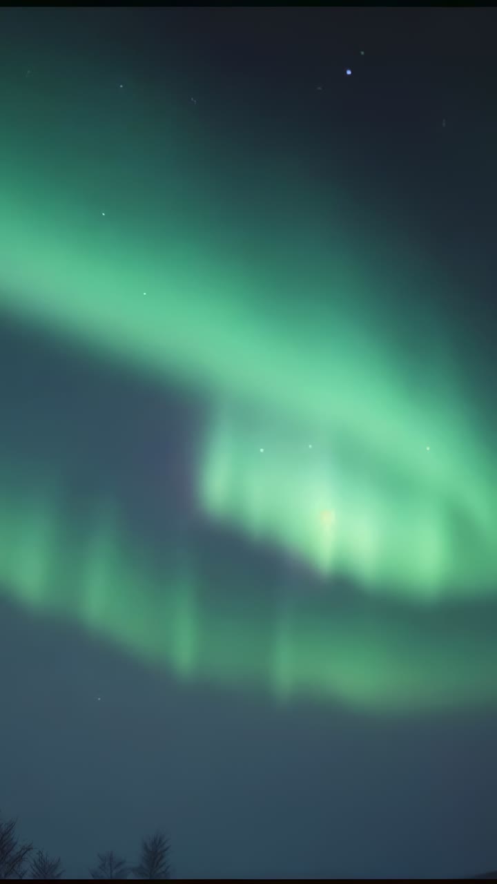 Vertical video: Reacting to solar wind, aurora shifting and pulsing above dark horizon with stars