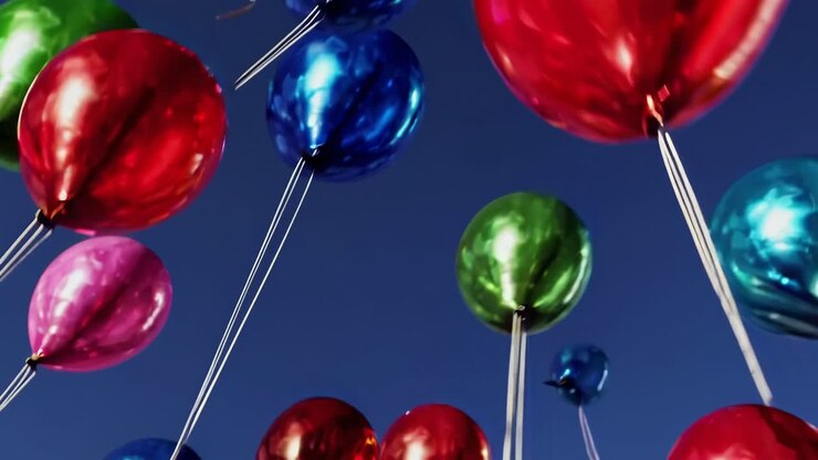 Vibrant video of colorful balloons floating against a clear blue sky, captured from a low-angle