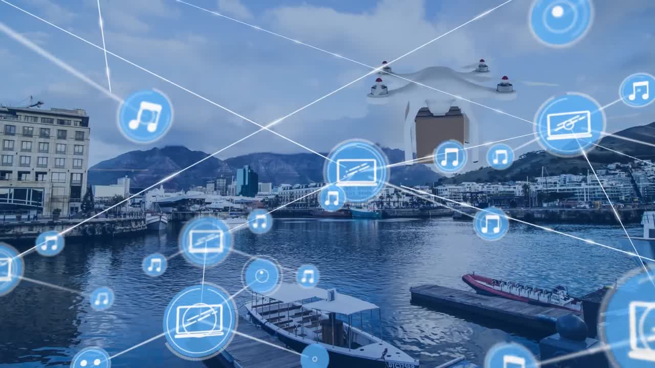 패키지를 운반하는 드론을 통해 아이콘으로 연결된 네트워크의 애니메이션