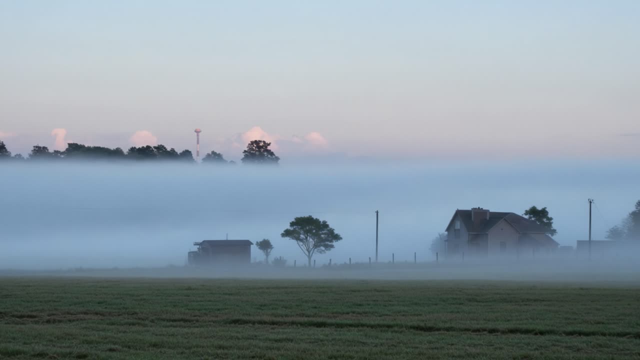 A tranquil morning landscape blanketed in soft, ethereal fog, revealing silhouettes of distant buildings and trees against a serene, pastel sky