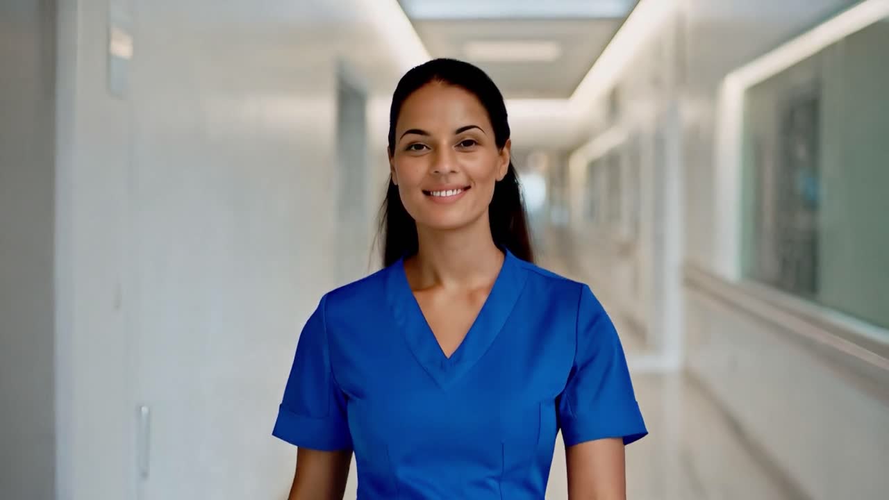 Profissional de Saúde Sorridente em Corredor de Hospital