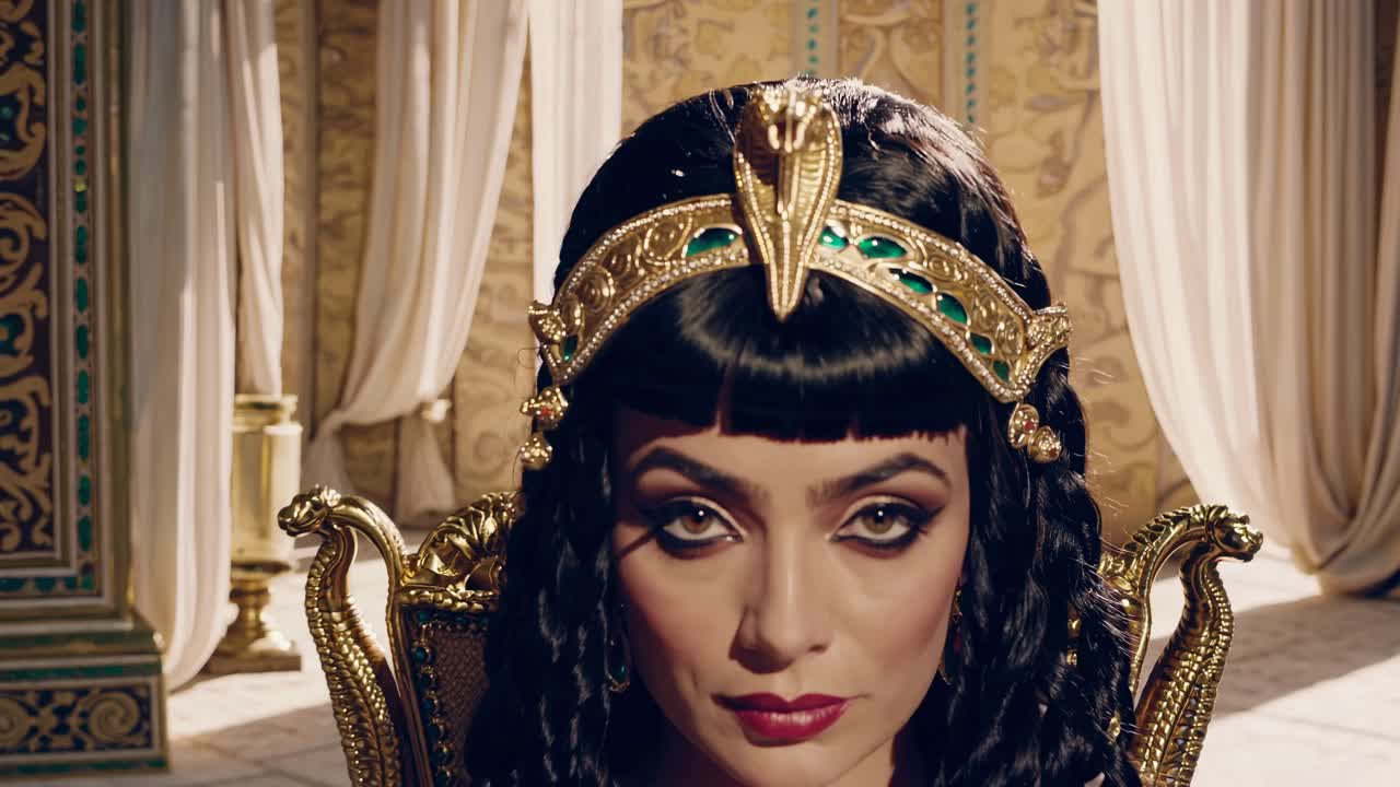 Close-up video shot of a woman in ancient Egyptian attire, featuring ornate headpiece and intricate