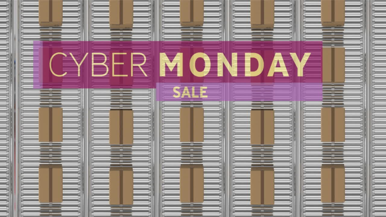 창고의 컨베이어 벨트에 있는 카드보드 상자 위의 사이버 월요일 텍스트의 애니메이션