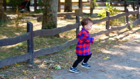 cheerful kid in checkered shirt runs up to a fence and throws a stone. active energetic baby boy spending time outdoors.
