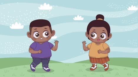una pequeña pareja de amantes afro en el campamento de animación