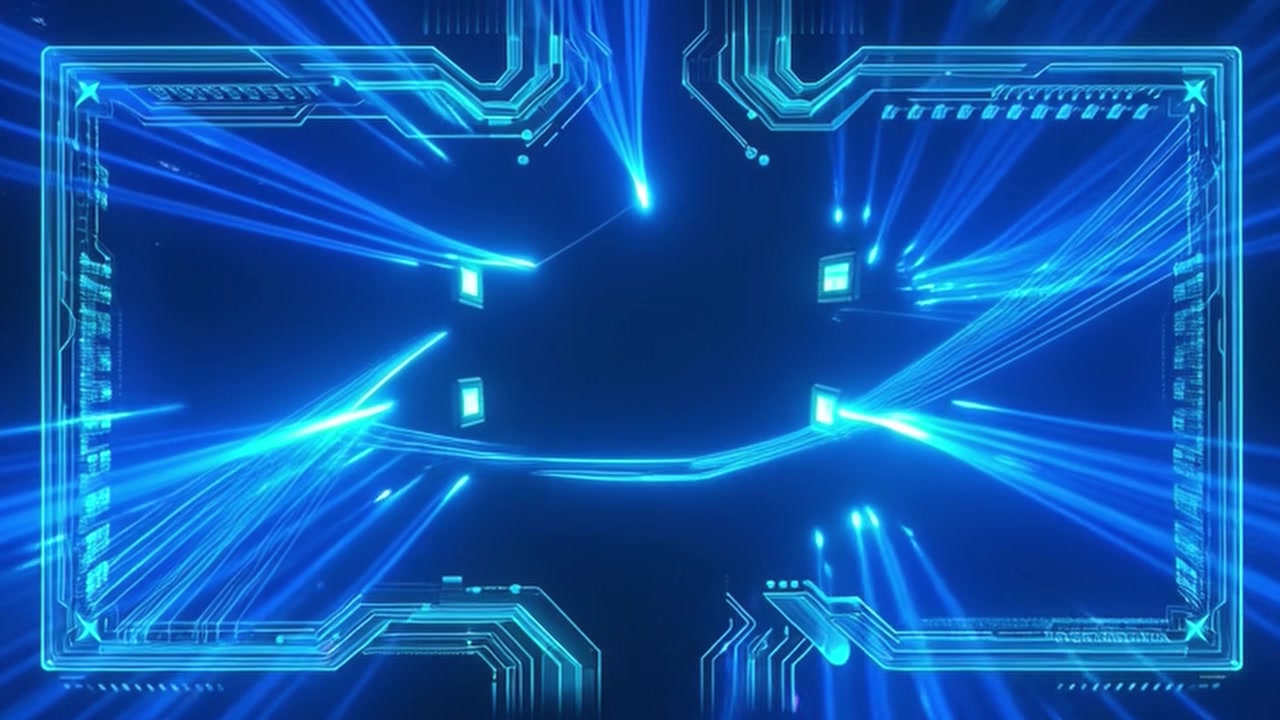 Interfaccia digitale futuristica con circuiti blu luminosi e flussi di dati