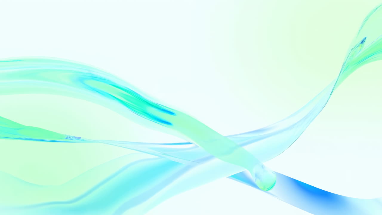 Soft Aqua Ribbons Flow Across Luminous Mint Backdrop, Translucent Waves Glide In Slow Motion, Gentle