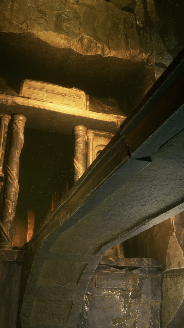 un puente de piedra conduce a una antigua estructura de piedra en un entorno oscuro y misterioso