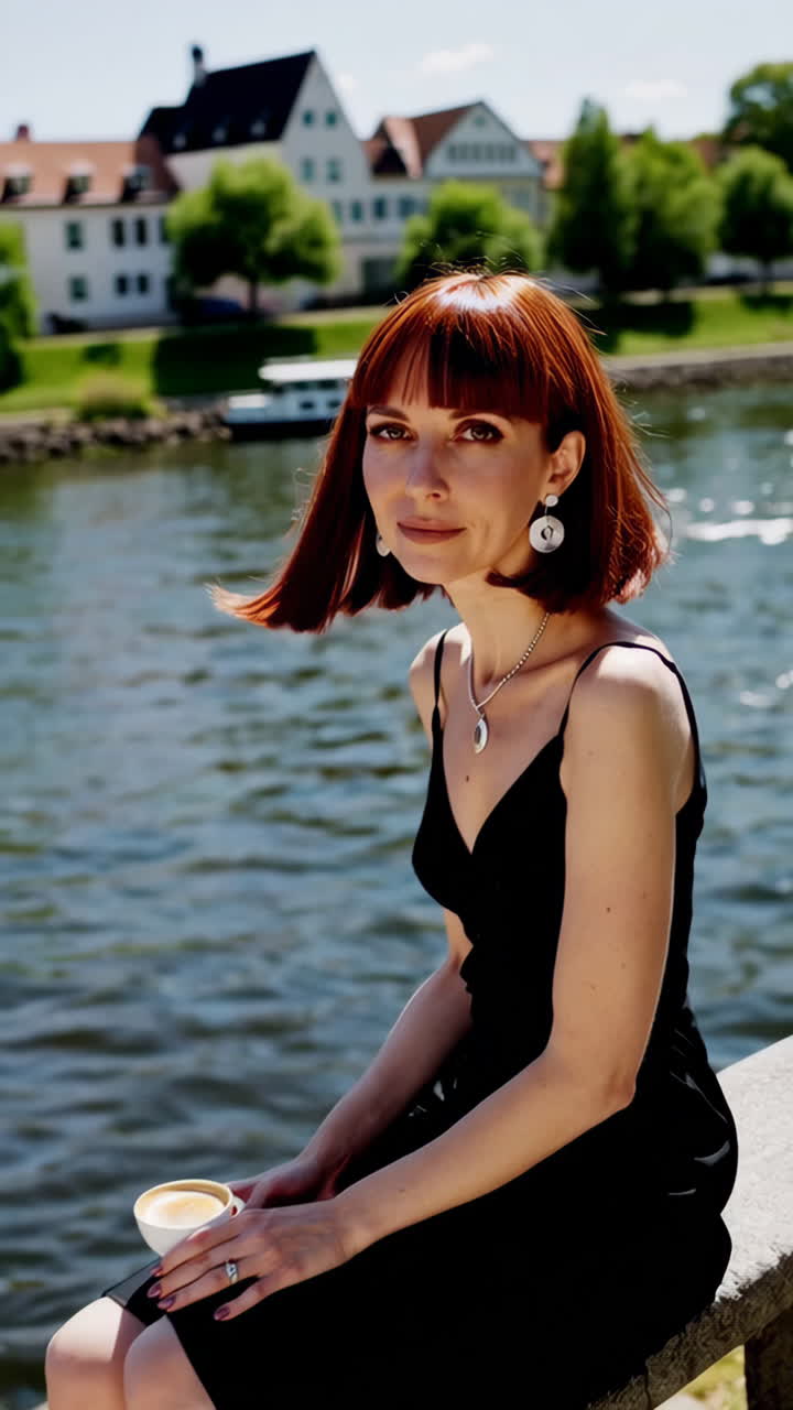 Woman enjoying a coffee by the river