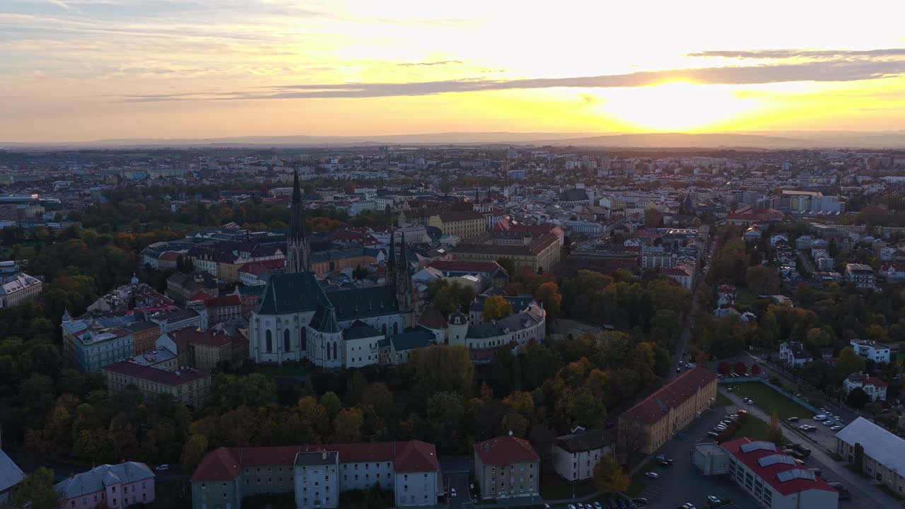 St. Wenceslas Cathedral is a historic landmark of the city of Olomouc. Aerial view of the city skyline at sunset