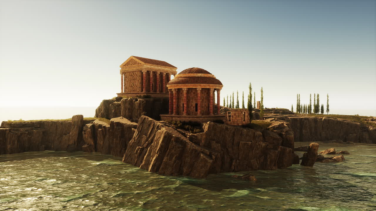 Ruins of an ancient roman temple perched on coastal cliffs at sunset