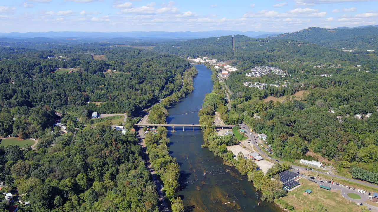Aerial View Of Old Leicester Highway Bridge Over The French Board River In Asheville, North Carolina, United States