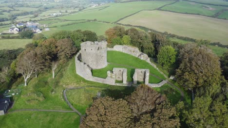 Aerial-view-of-Dundrum-Castle-on-a-sunny-day,-County-Down,-Northern-Ireland