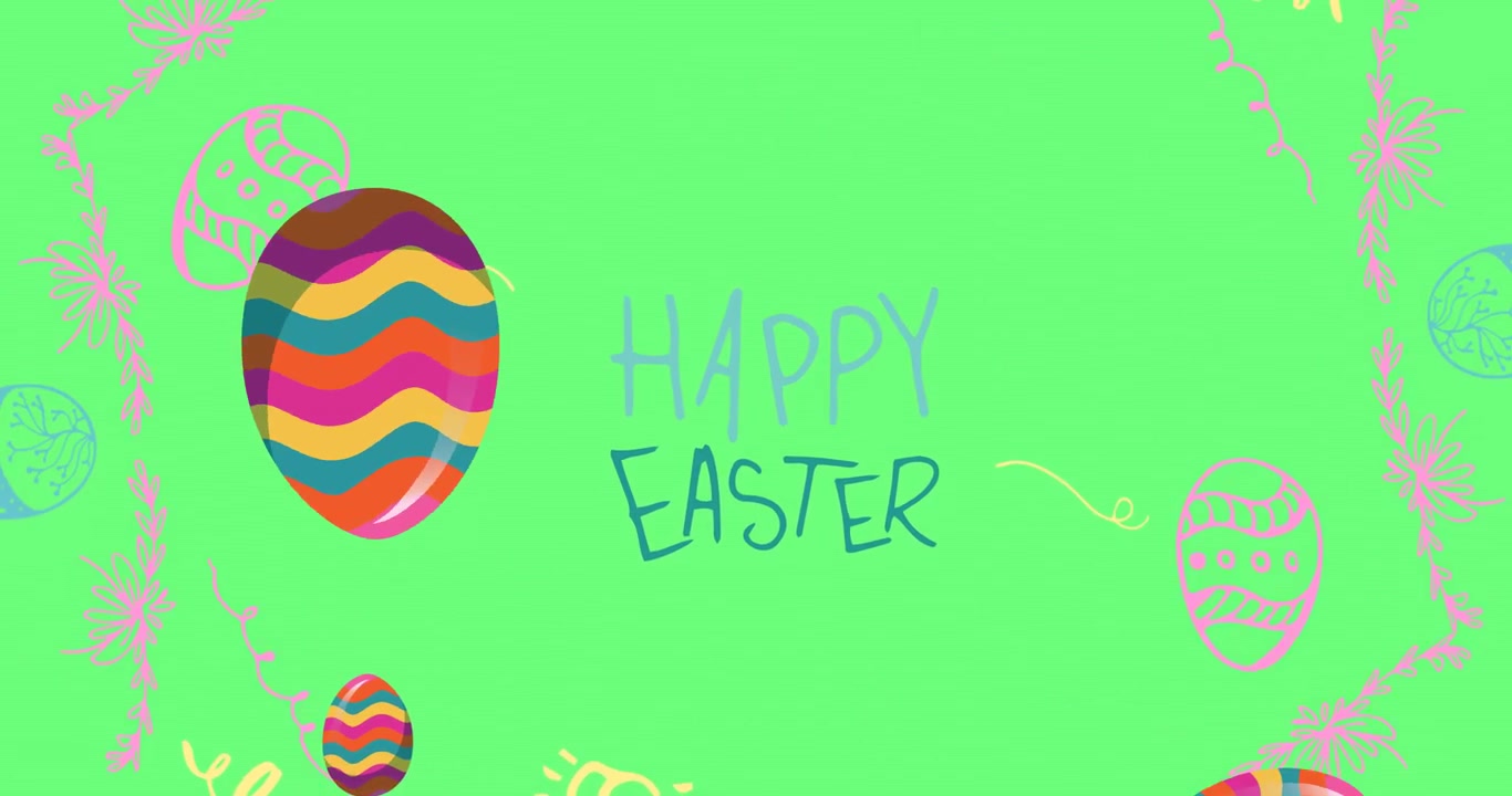 Animation of happy easter text with decorated easter eggs on green background