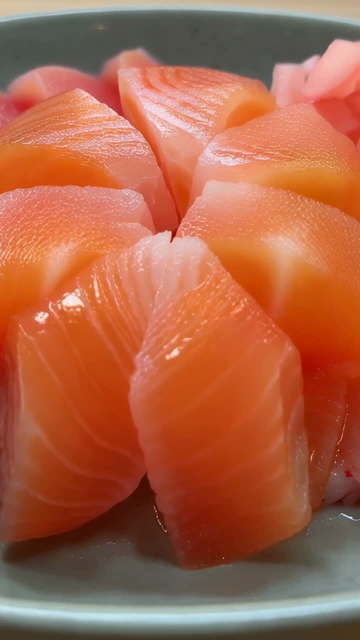 Video verticale: una camera in movimento avvicina un piatto di nigiri di salmone su un tavolo, mostrando lo zenzero e la lucentezza