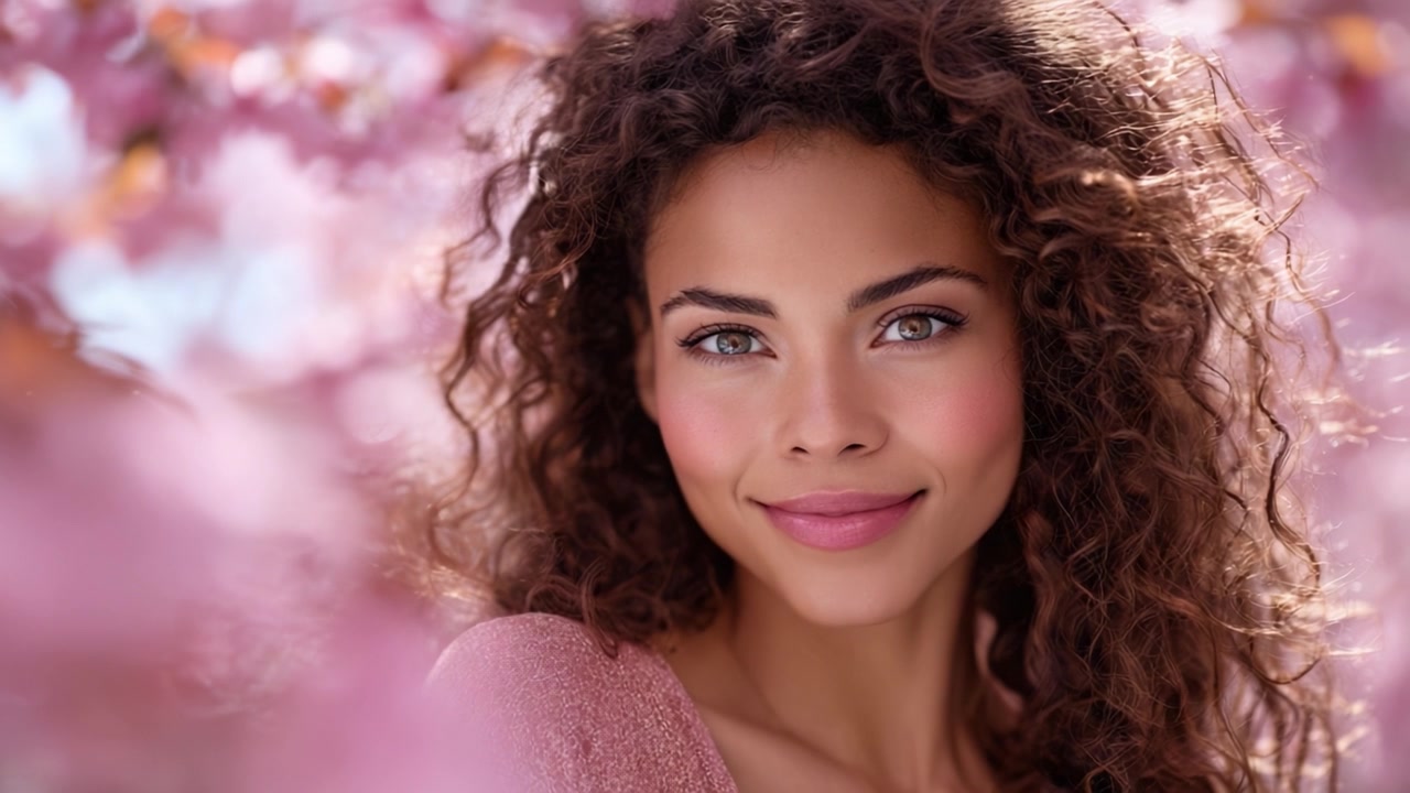 Uno splendido ritratto ravvicinato che mostra una giovane donna con capelli ricci, un sorriso radioso e occhi accattivanti, incorniciati da vivaci petali di fiori rosa in un ambiente sereno