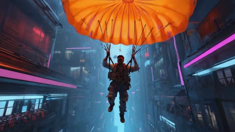 paratrooper descending with an orange parachute in a futuristic cyberpunk city