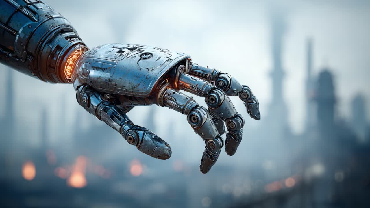 A Stunning Close-Up of an Advanced Robotic Hand with Illuminated Features Emerging from a Futuristic Industrial Landscape, Showcasing Technological Innovation and Design