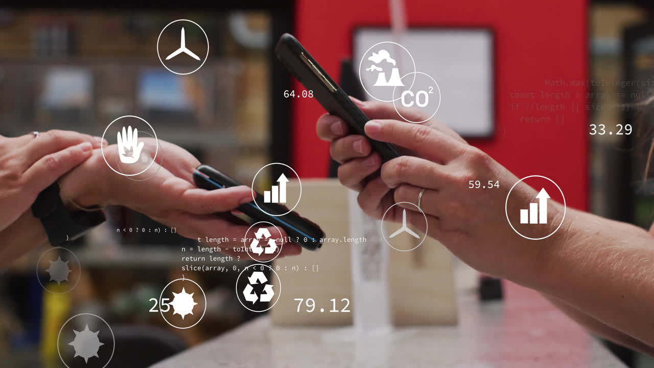 생태 기호의 애니메이션과 다양한 사람들이 스마트폰으로 지불하는 데이터 처리