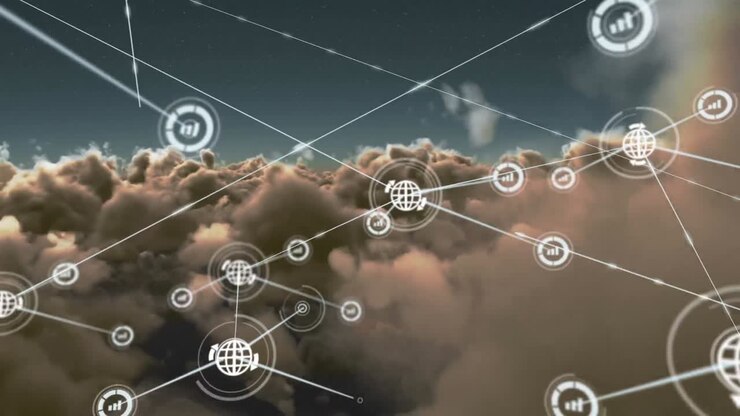 Animation of network of connections with icons over sky with clouds