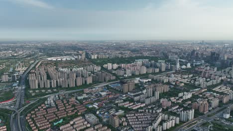 drone aerial view of buildings in rows skyline in the city