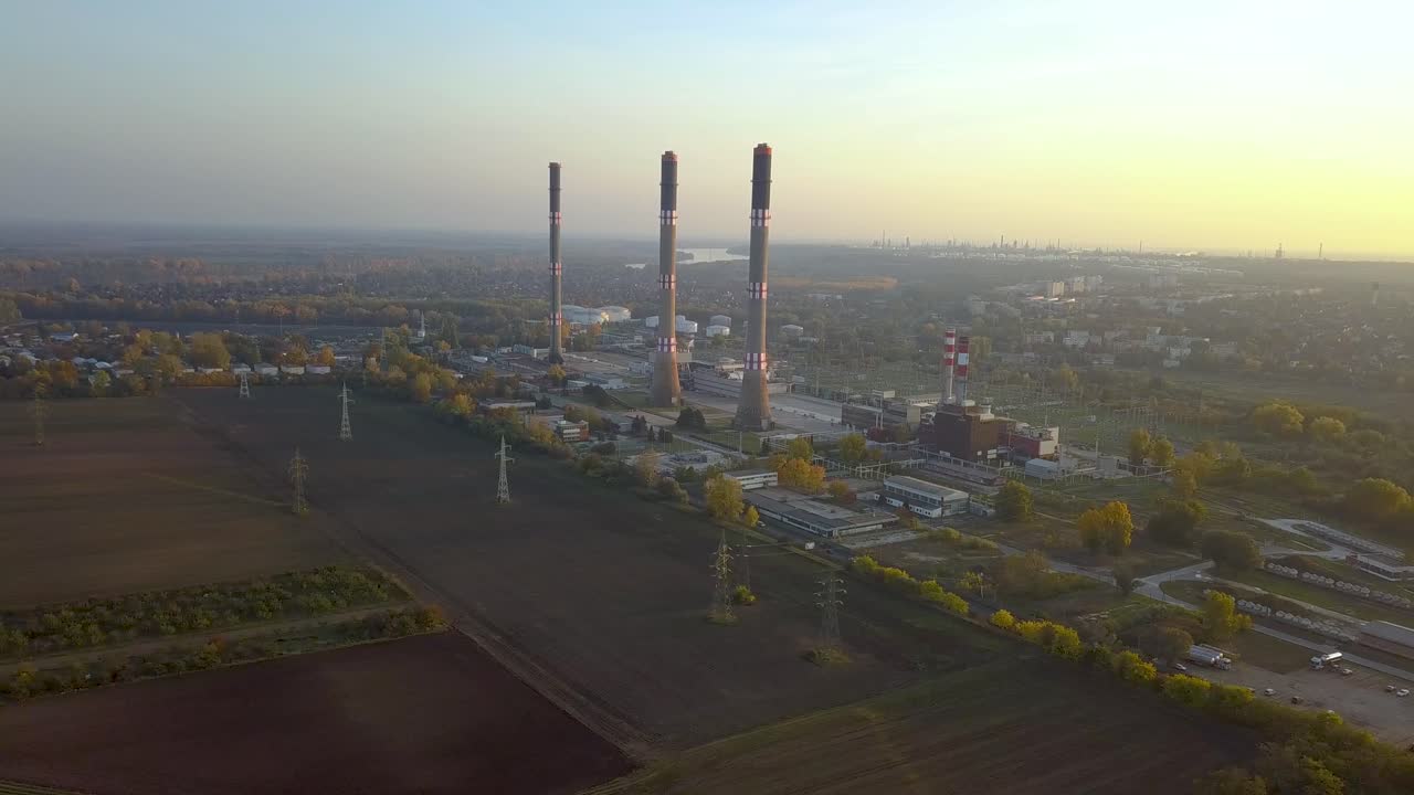 Aerial view of Dunamenti Eromu gas power plant at a suburban area in Hungary - drone shot