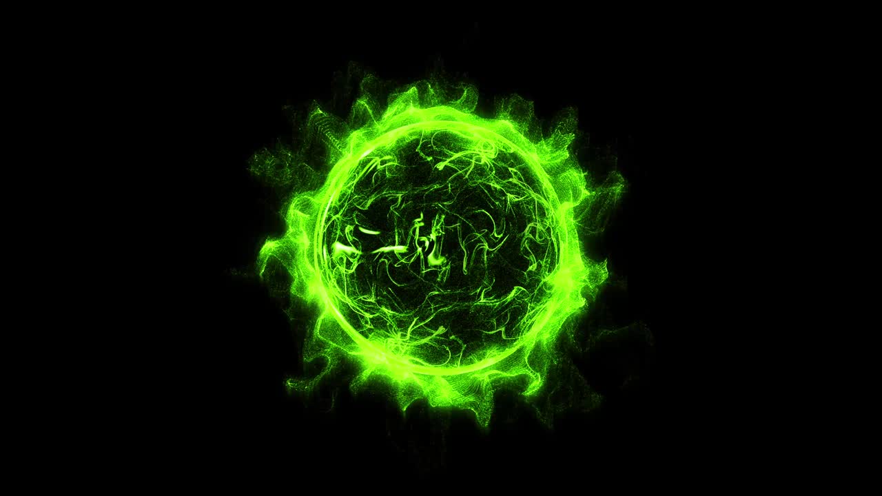 Animatie van een groene cirkelvormige glimmende gloeiende lichtring met sprankelend krachtig effect en stofexplosie.