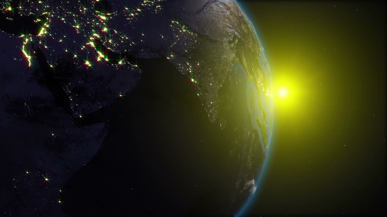 Realistic Earth, rotating in space against the background of the starry sky and the Sun (loop)