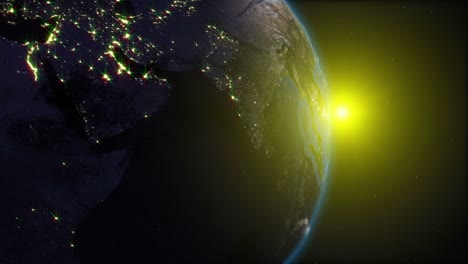 tierra realista, girando en el espacio contra el fondo del cielo estrellado y el sol (bucle)