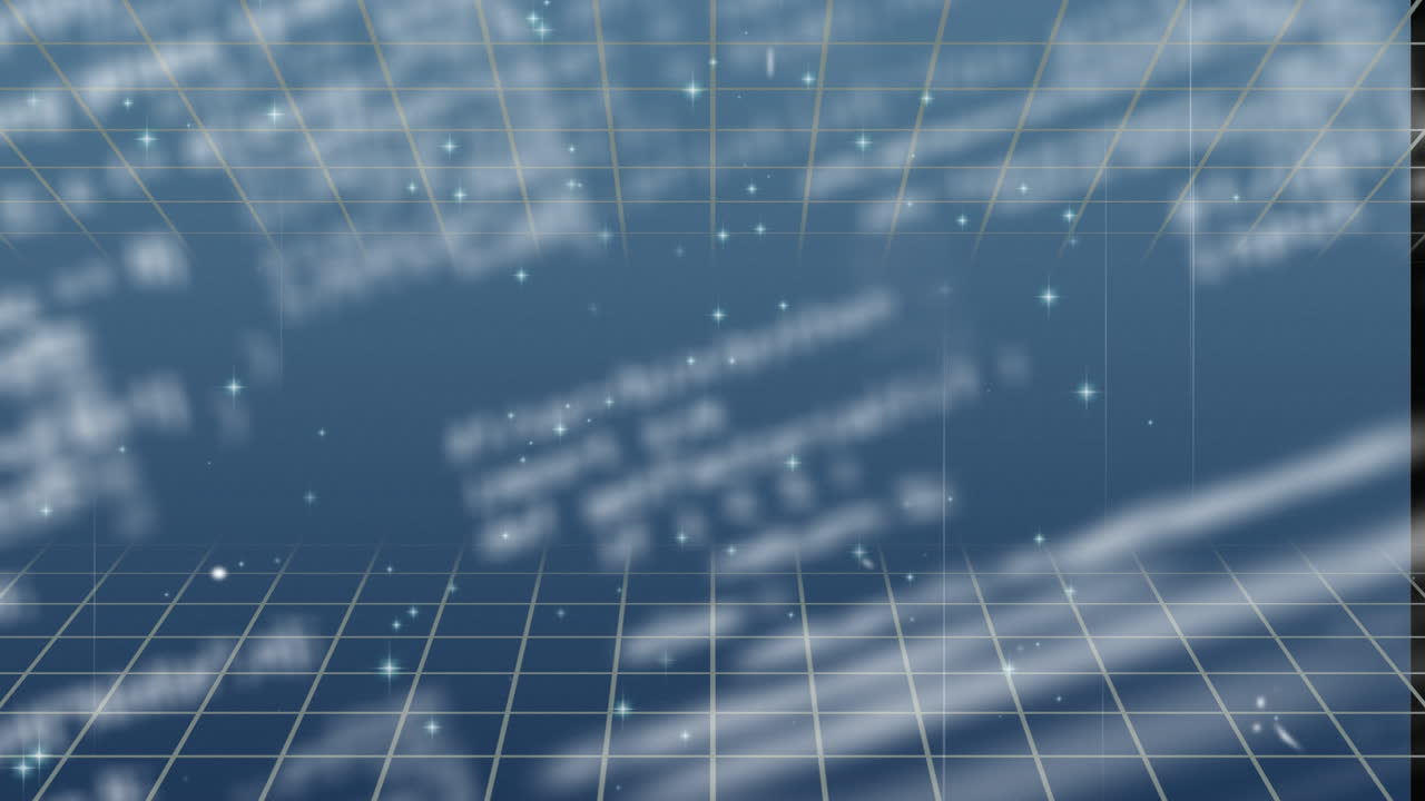 그리드 네트워크에서 빛나는 별의 애니메이션과 파란색 배경에 대한 데이터 처리