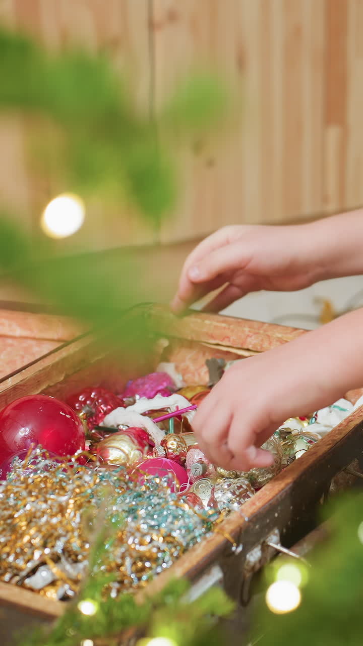 Vintage holiday surprises, Old chest opened to showcase shiny holiday ornaments and lights, Nostalgic holiday scene with child revealing vintage ornamentfilled trunk near Christmas tree