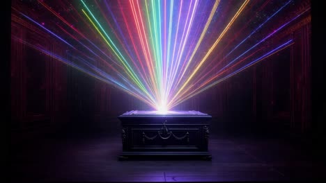 rainbow laser show over a vintage chest