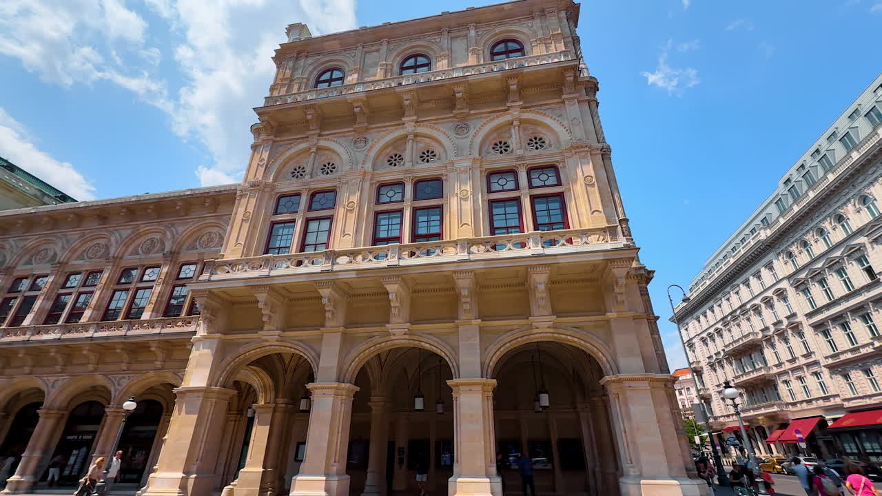 Vienna, Austria - June 9, 2025: Stunning exterior of the beautiful Vienna State Opera in Austria. Low angle view on the old building on sunny day