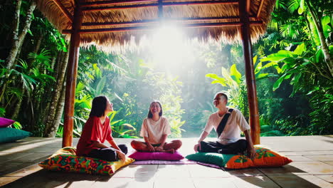 friends relaxing in tropical hut