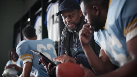 football team reviewing plays on tablet in locker room