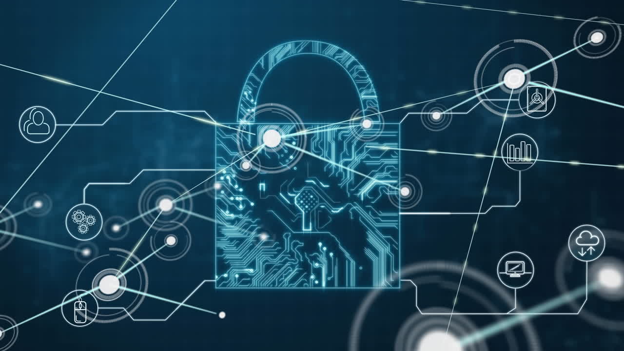 animación de la red de conexiones con iconos sobre el candado de seguridad en línea