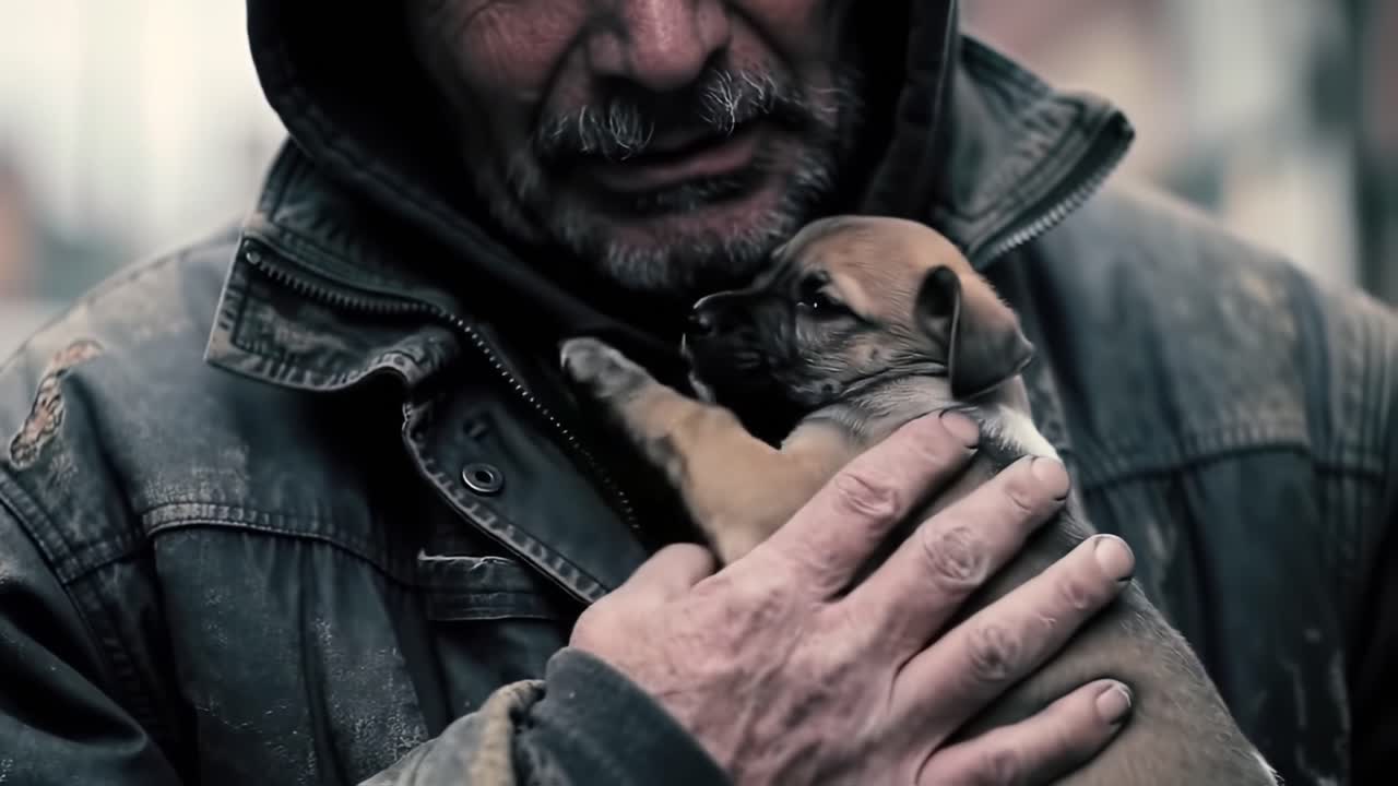 A Touching Moment of Connection: A Man Cuddles a Puppy in His Embrace, Expressing Love and Compassion Amidst Life's Challenges