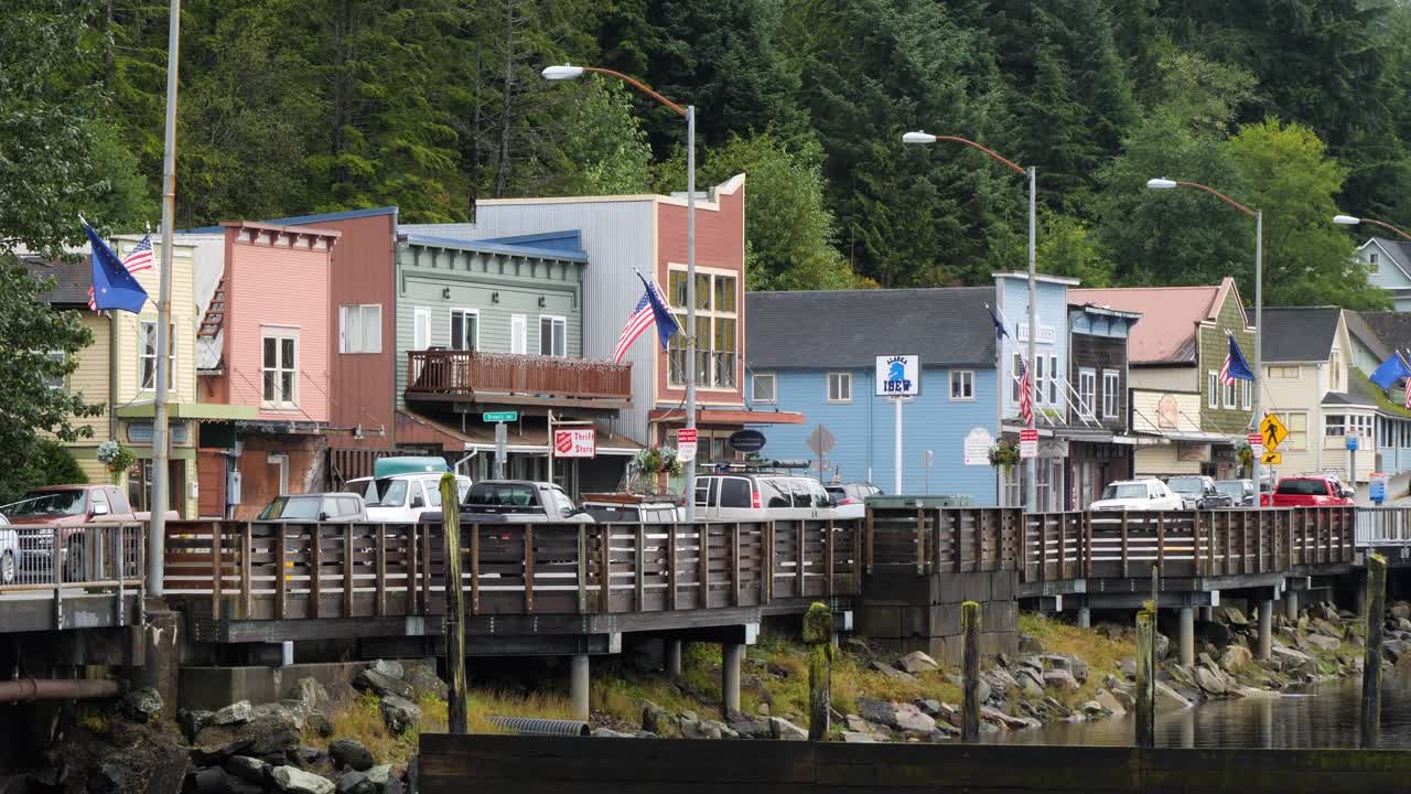 Downtown in Ketchikan, Alaska in a rainy day.