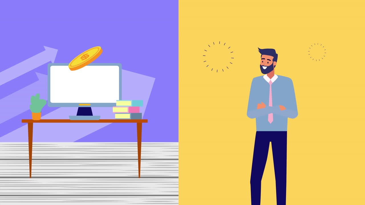 businessman with desktop and money animation