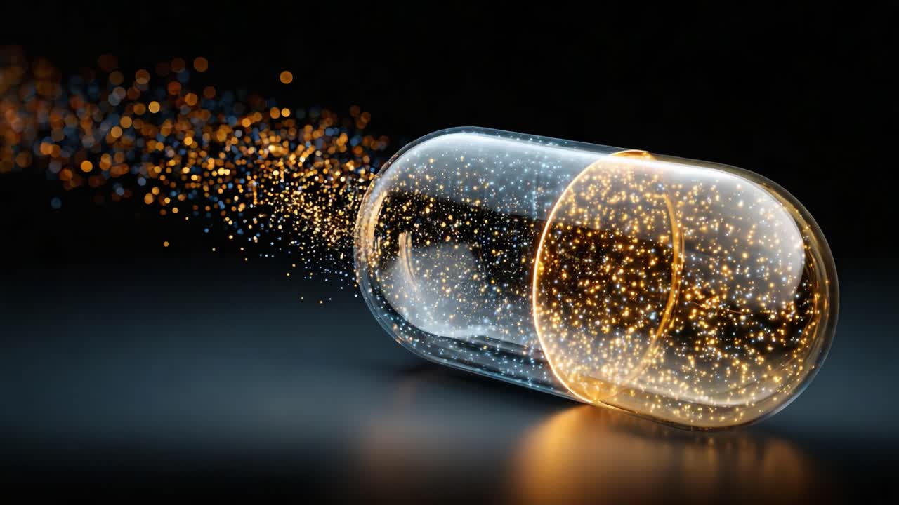 Un Affascinante Viaggio Cinematografico di una Capsula Luccicante che Rilascia un Etereo Flusso di Particelle Dorate su uno Sfondo Scuro
