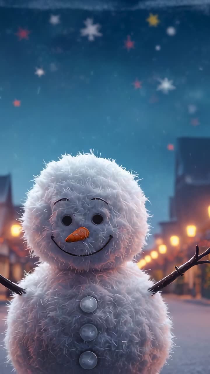 Vertical video: Camera zooming out, revealing fluffy snowman on village street with twig arms