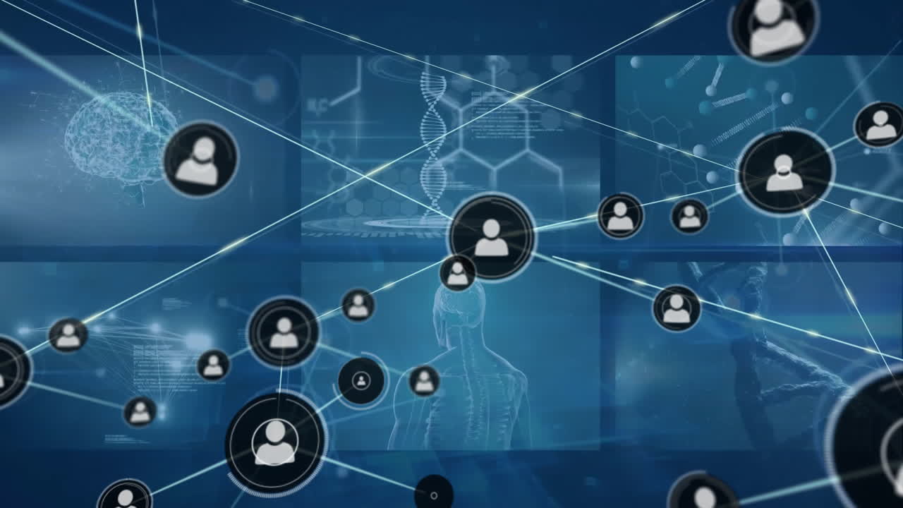 Animation of connected icons, molecule structures, brain, human body and blood cells