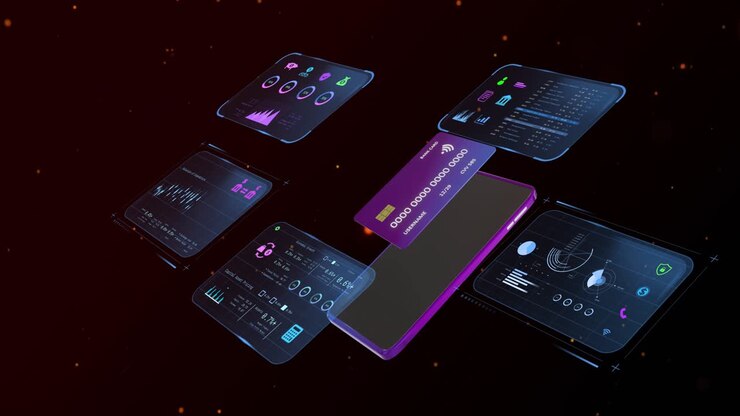 Phone appearing panels forming ring card floating sparks bursting camera orbiting showcasing UI